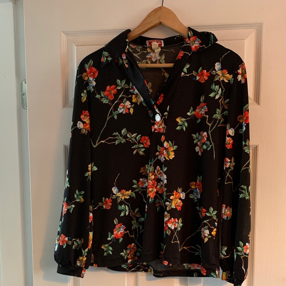 Vintage Polyester Black Floral Blouse